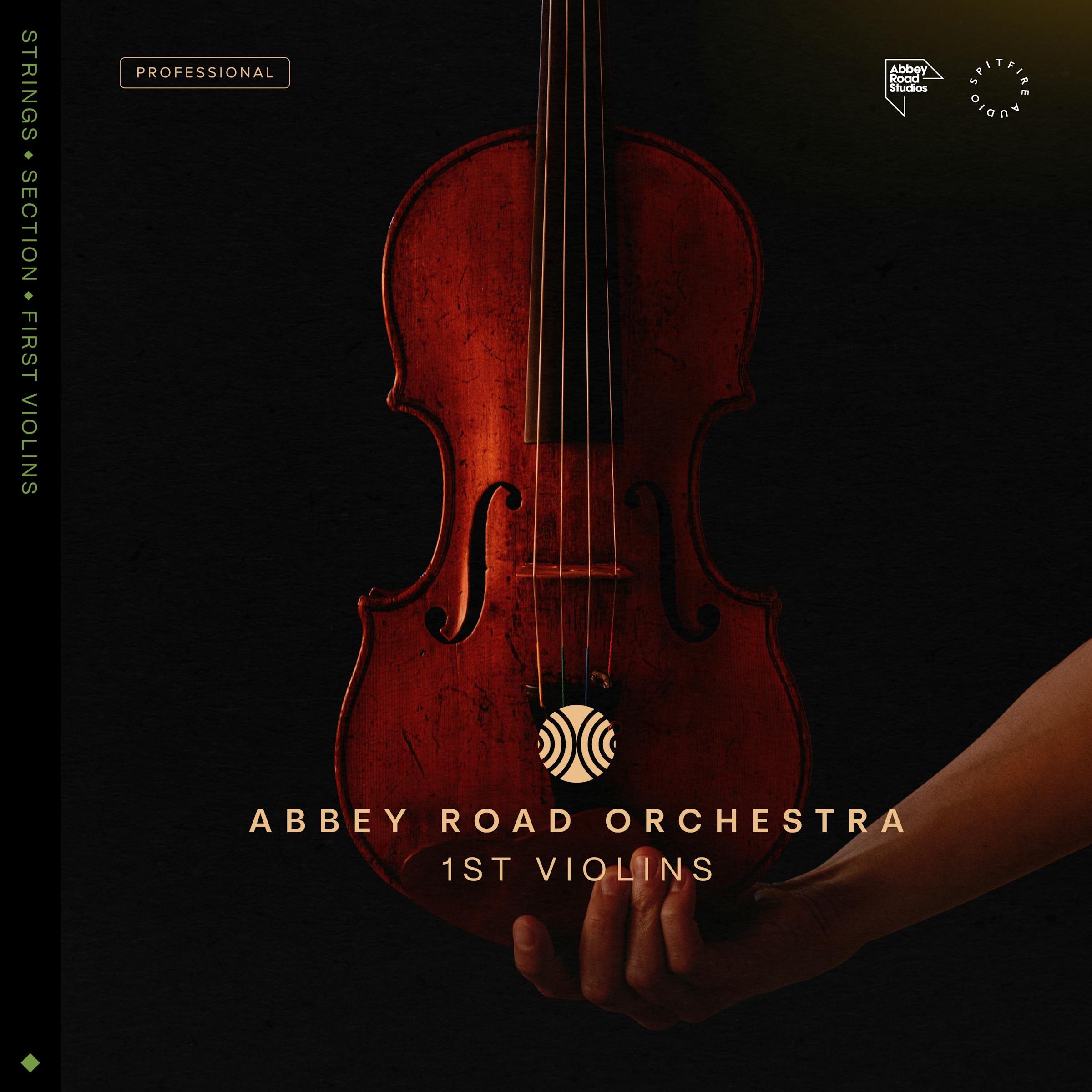 Abbey Road Orchestra: 1st Violins Professional artwork. A hand holding up a violin over a black background.