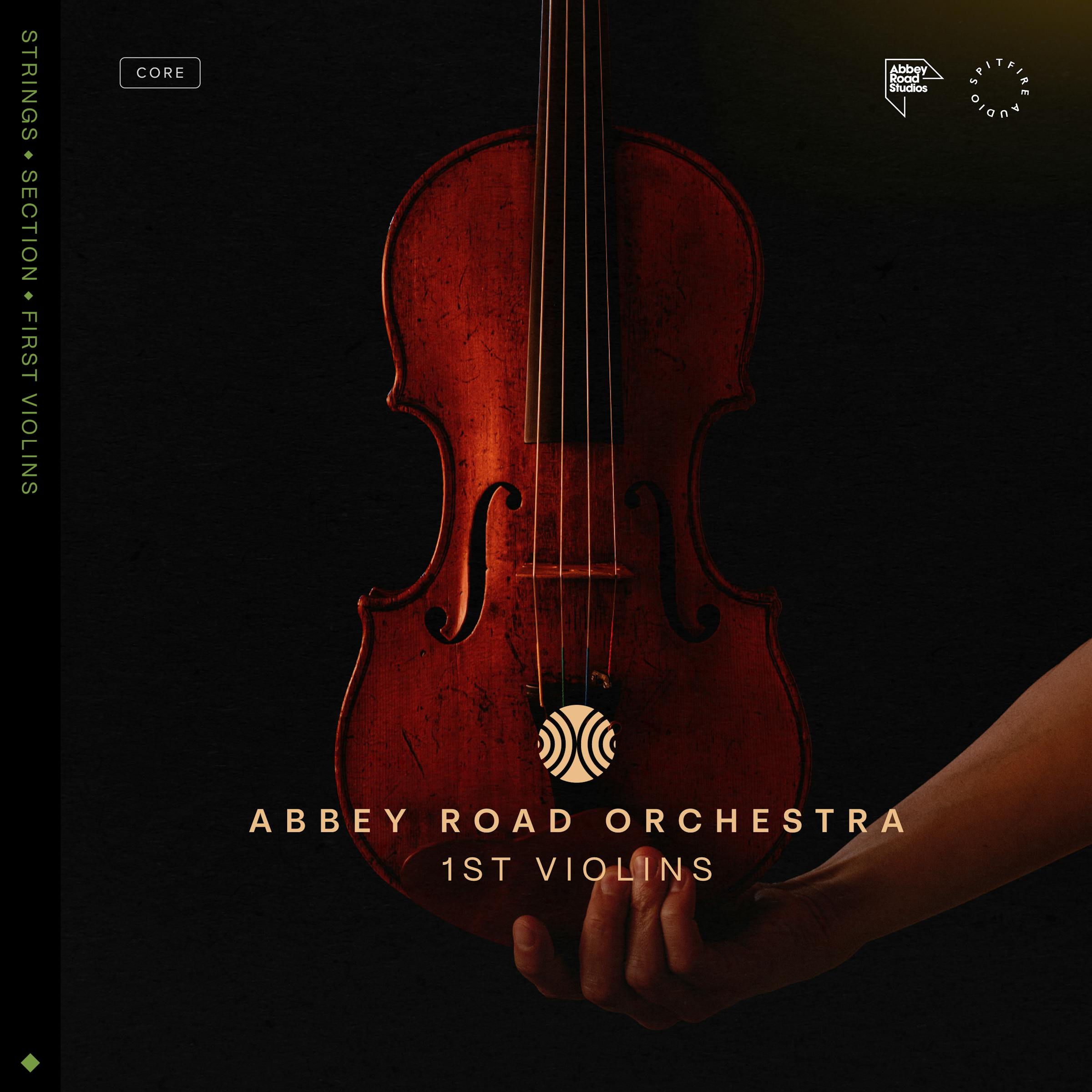 Abbey Road Orchestra: 1st Violins Core artwork. A hand holding up a violin over a black background.