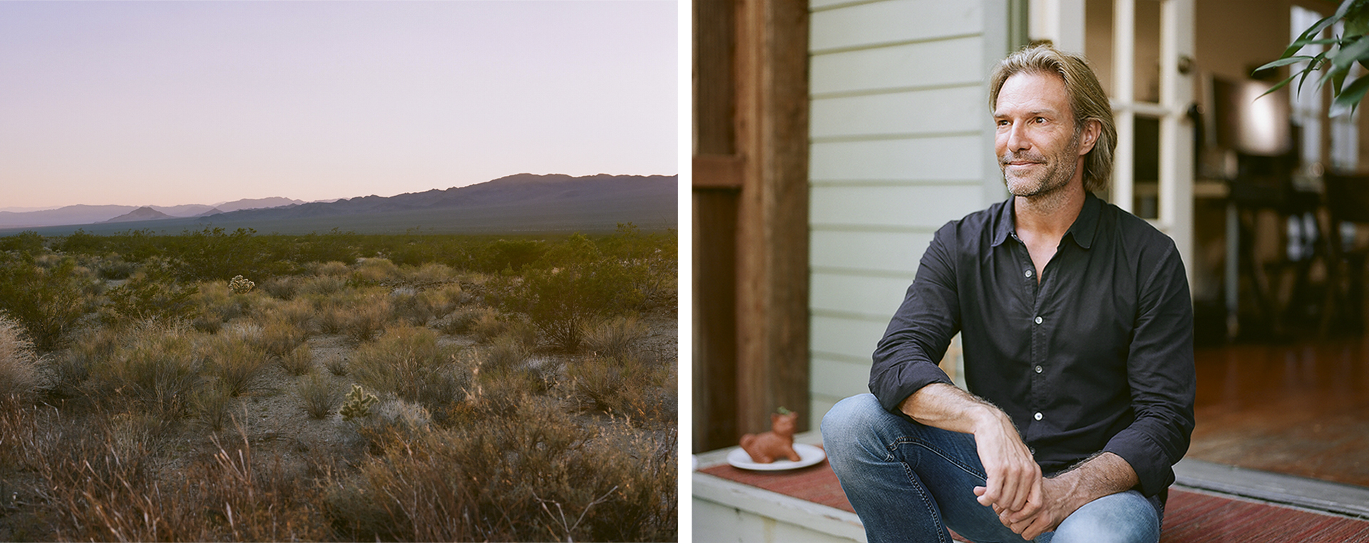 Left: landscape shot of the Nevada desert. Right: Portrait of Eric