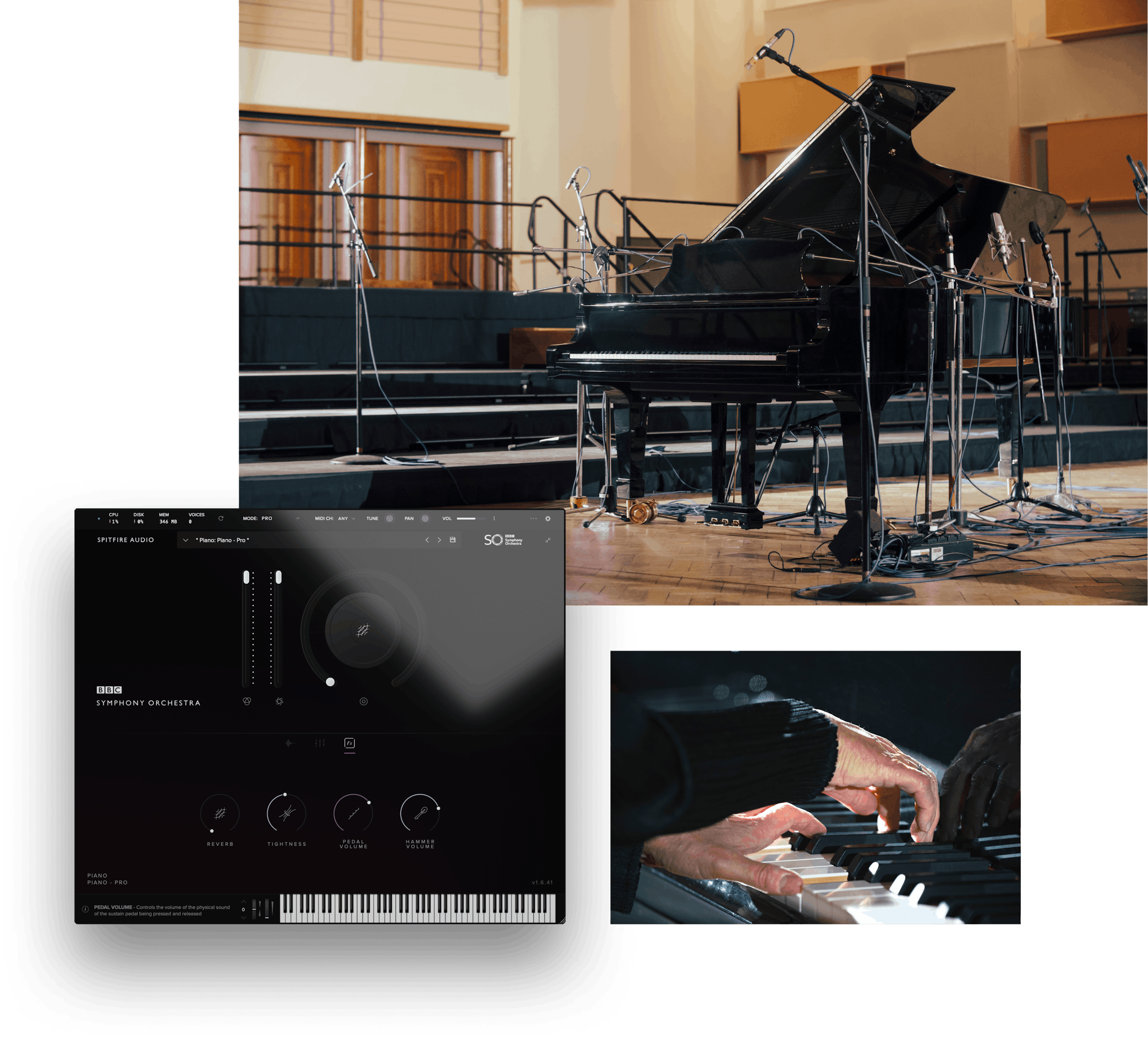 Left: BBCSO Piano Professional plugin interface. Top: The Piano surrounded by mics. Bottom: Pianist performing