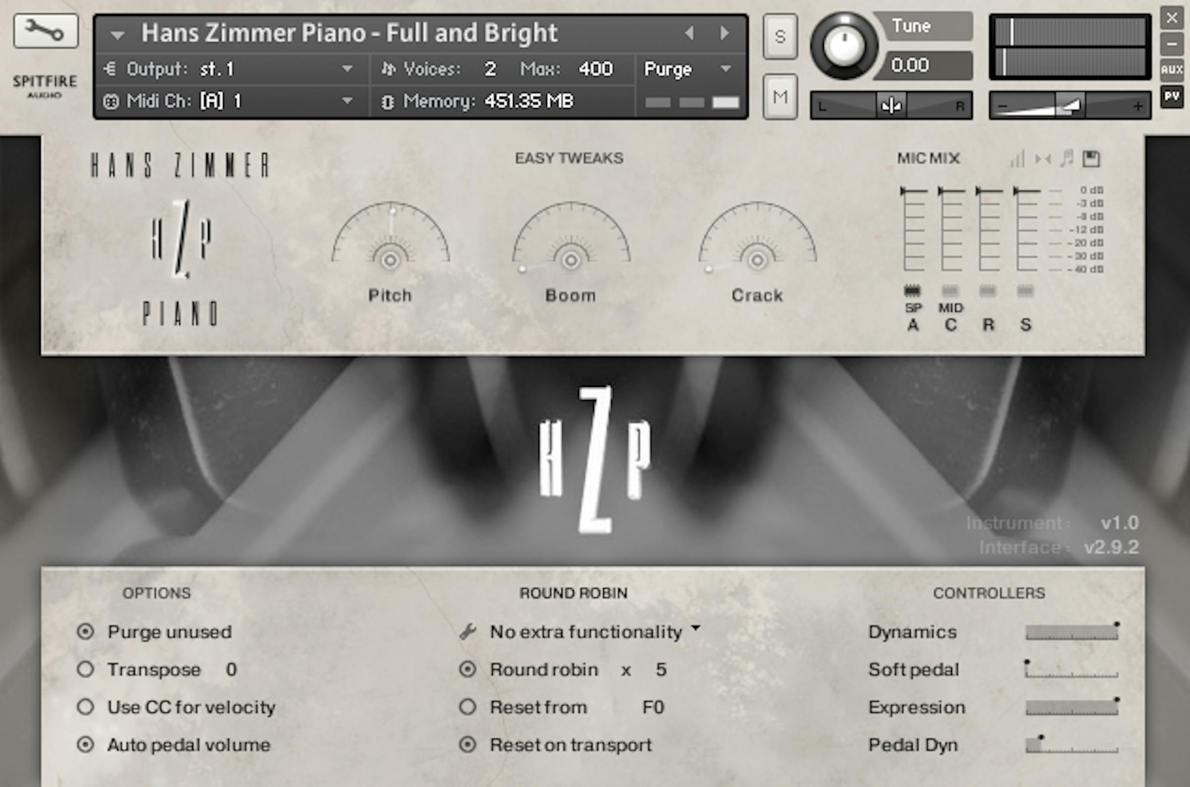 Hans Zimmer Piano general controls panel