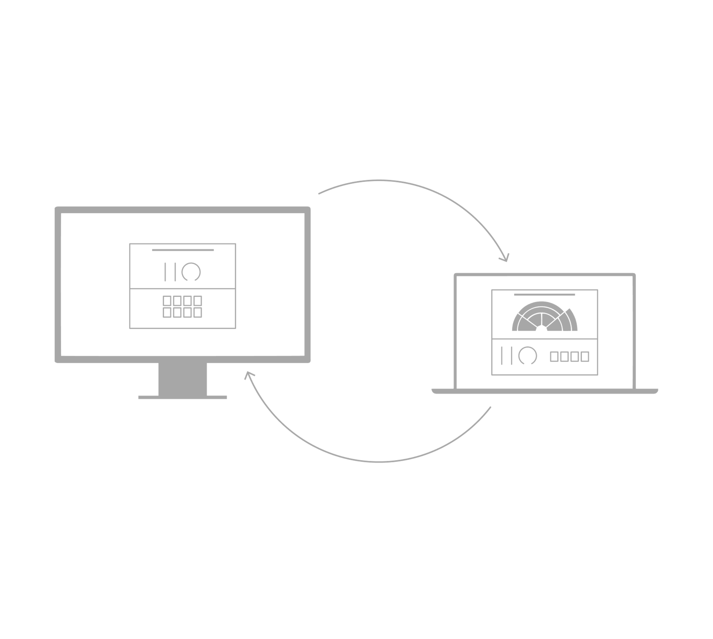 Modeswitching graphic, moving seamlessly between a desktop computer to a less powerful laptop.