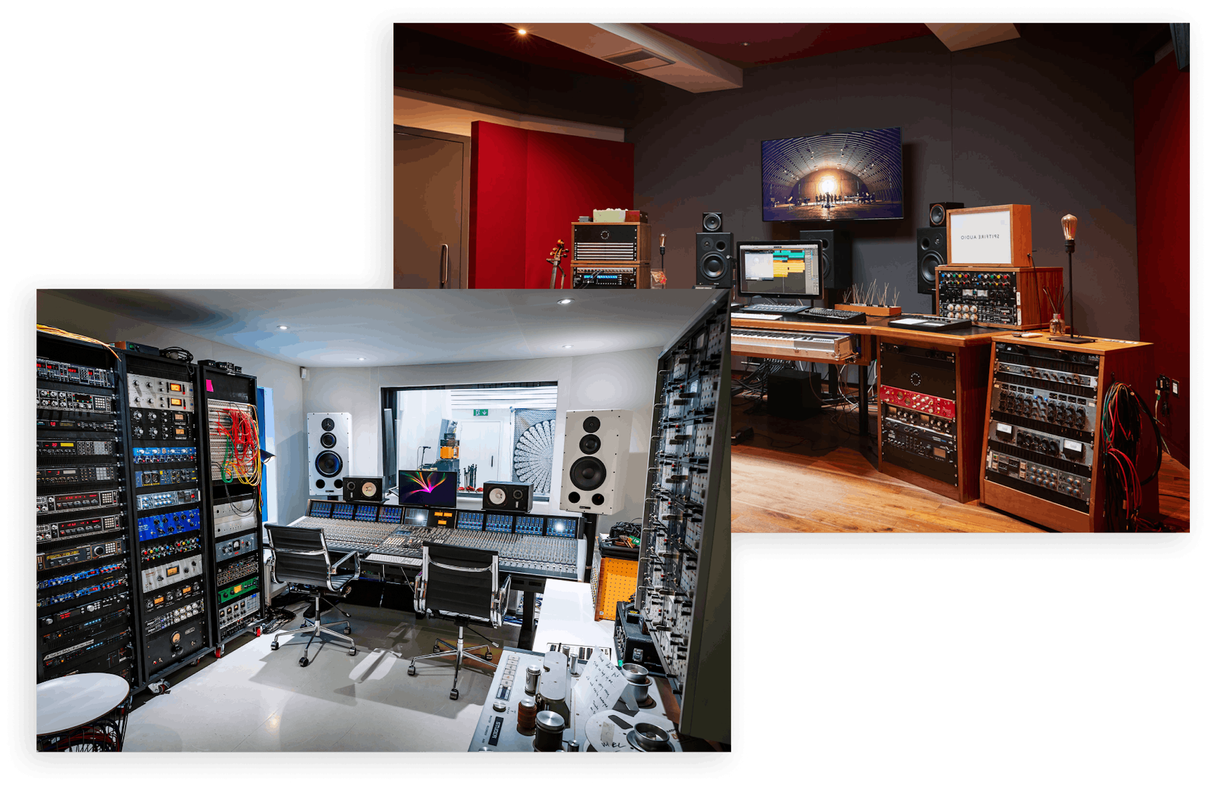 Left: A modern control room with large racks of outboard gear. Right: A Spitfire Audio studio space.