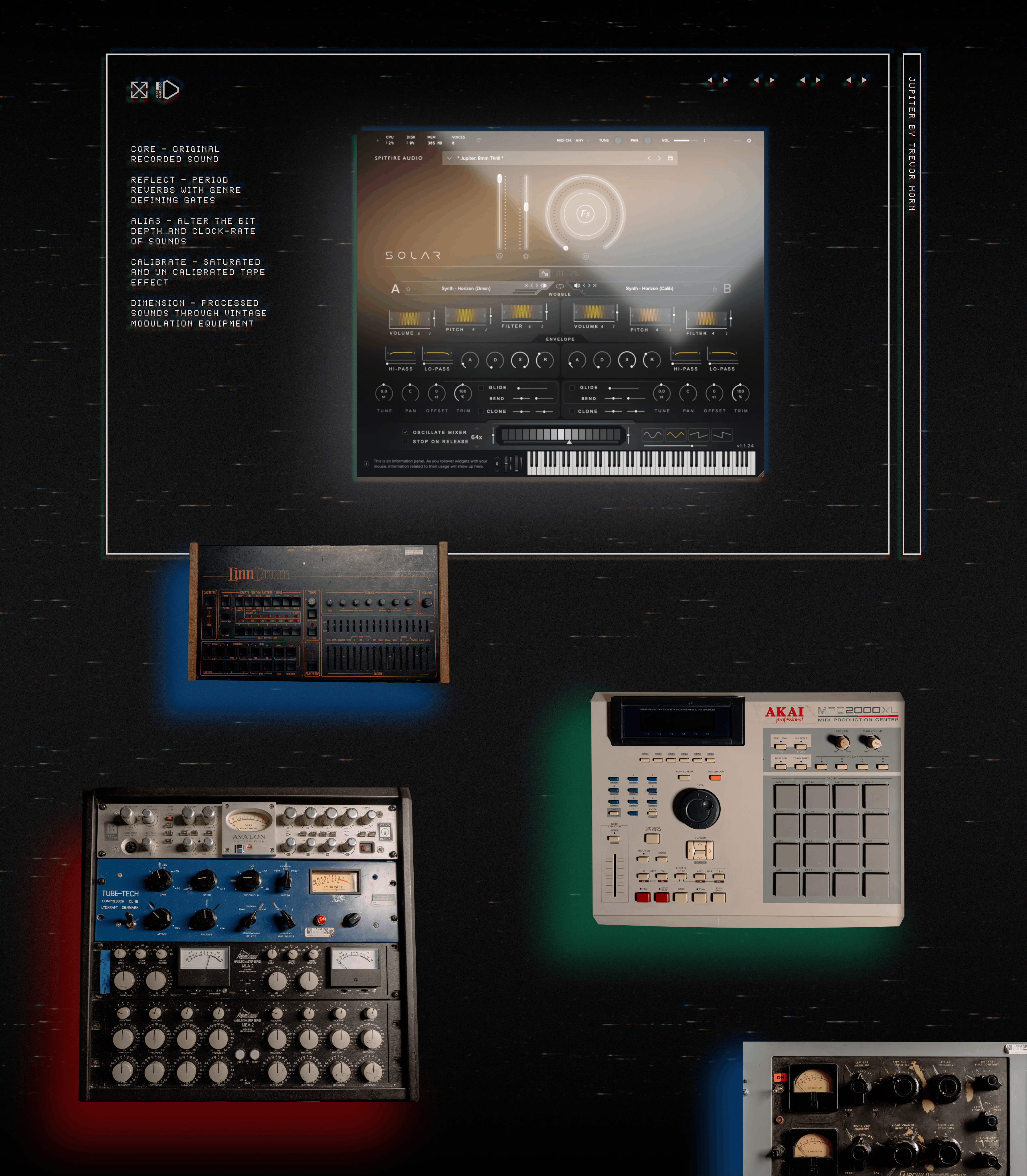 Top: The Jupiter plugin's interface. Bottom: Hardware and outboard gear used in the recording process.