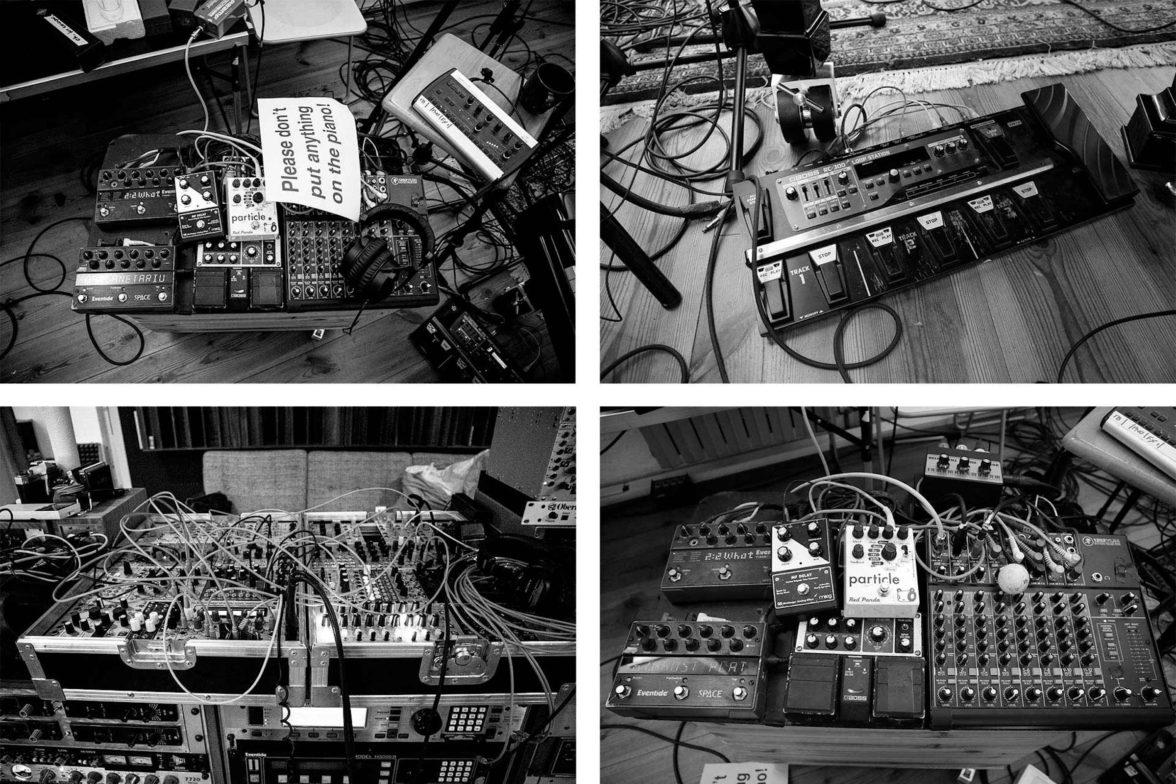 4 images of the processing gear, such as effects pedals and modular synths
