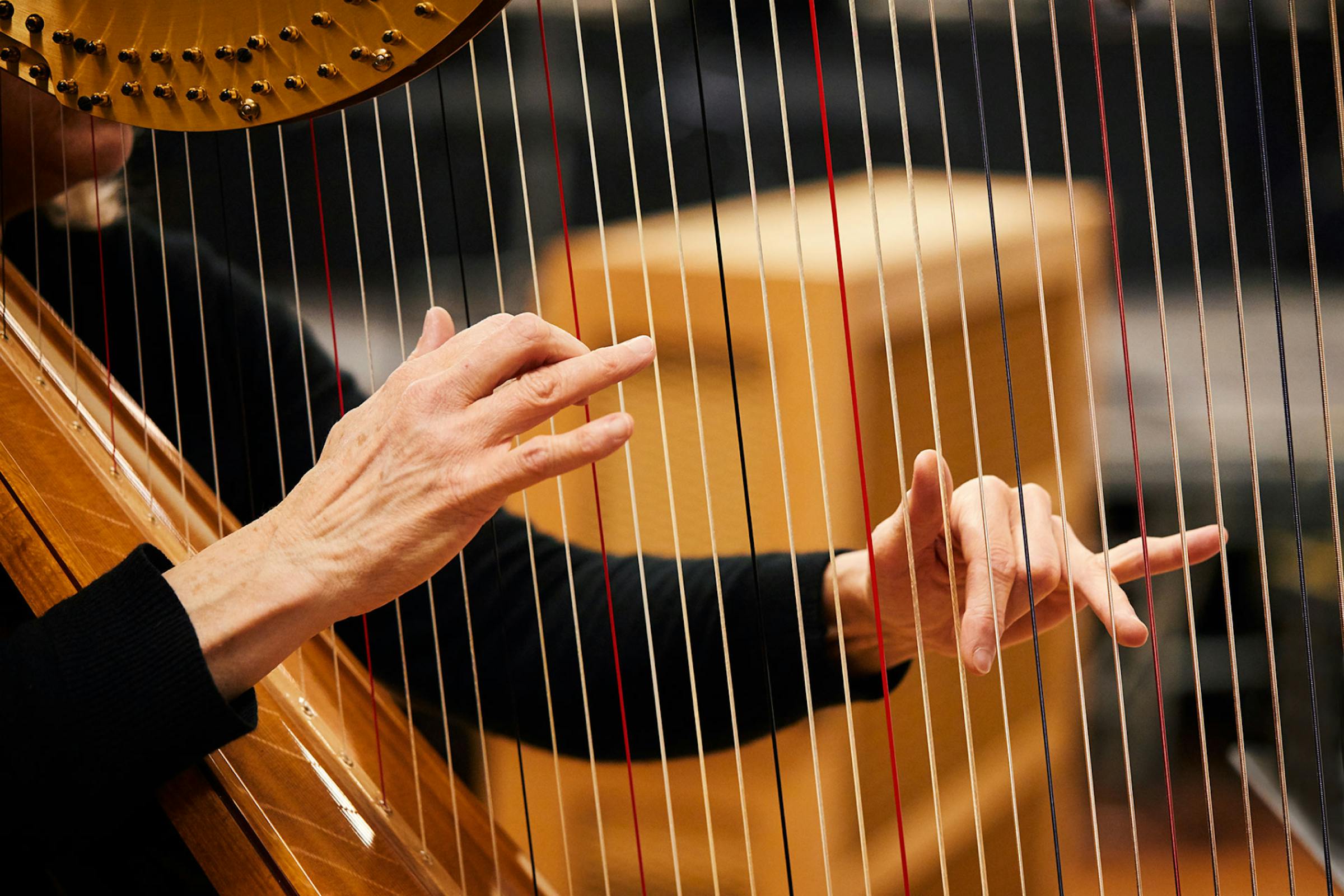 Close up of harp being played