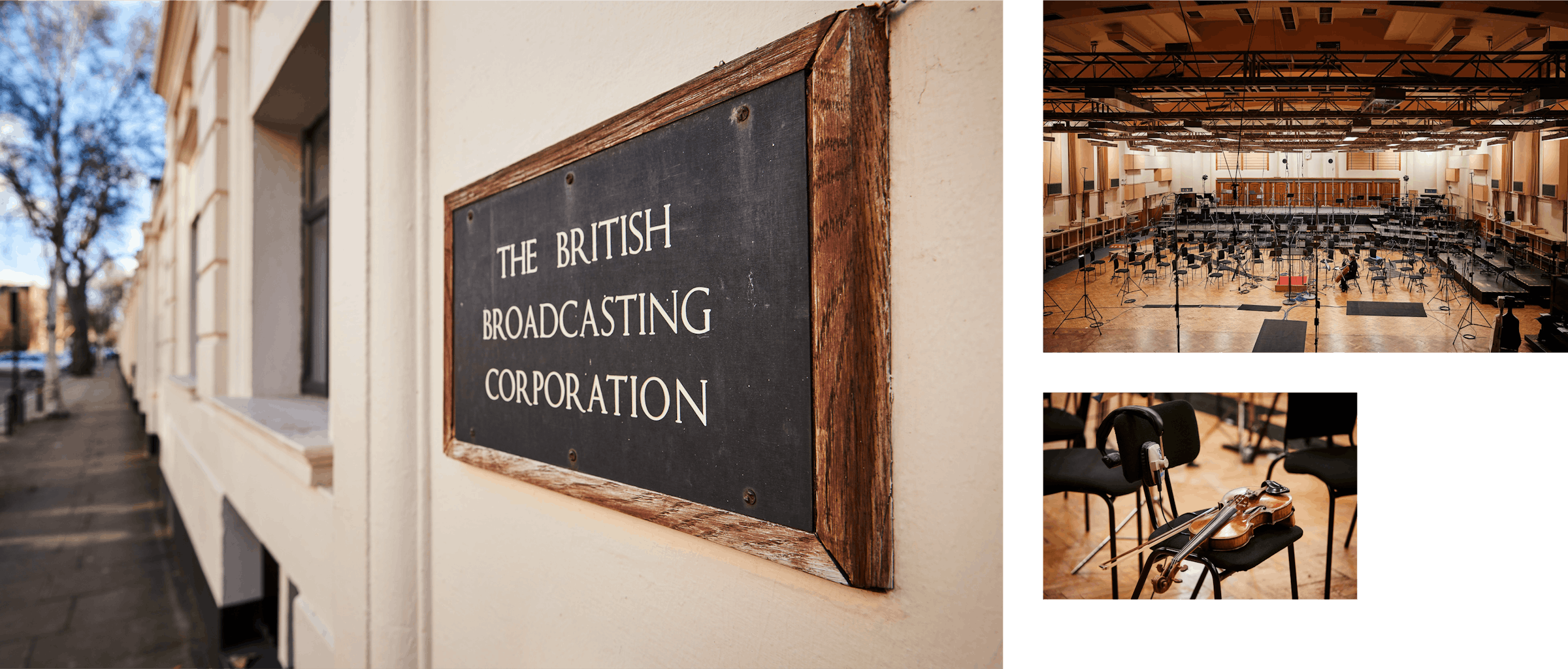 Left: "The British Broadcasting Corporation" sign. Top right: A wide image of the studio, filled with empty chairs and microphones. Bottom right: A violin and bow resting on a chair.