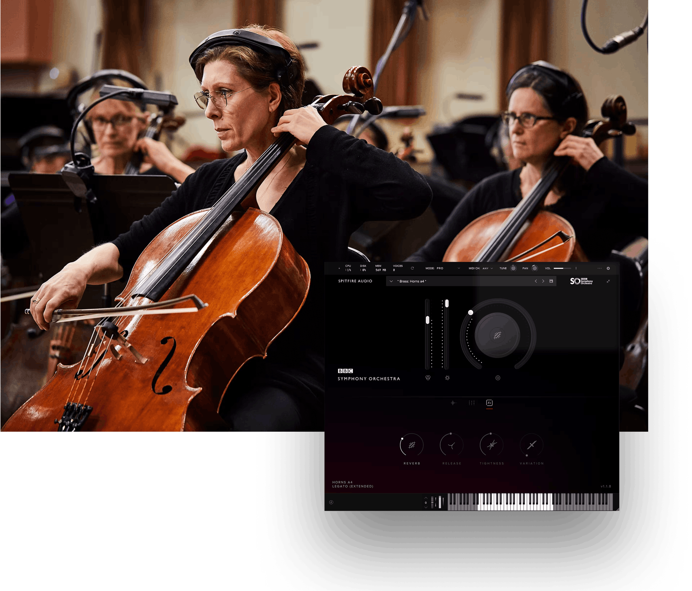 Professional GUI laid over image of Cellists
