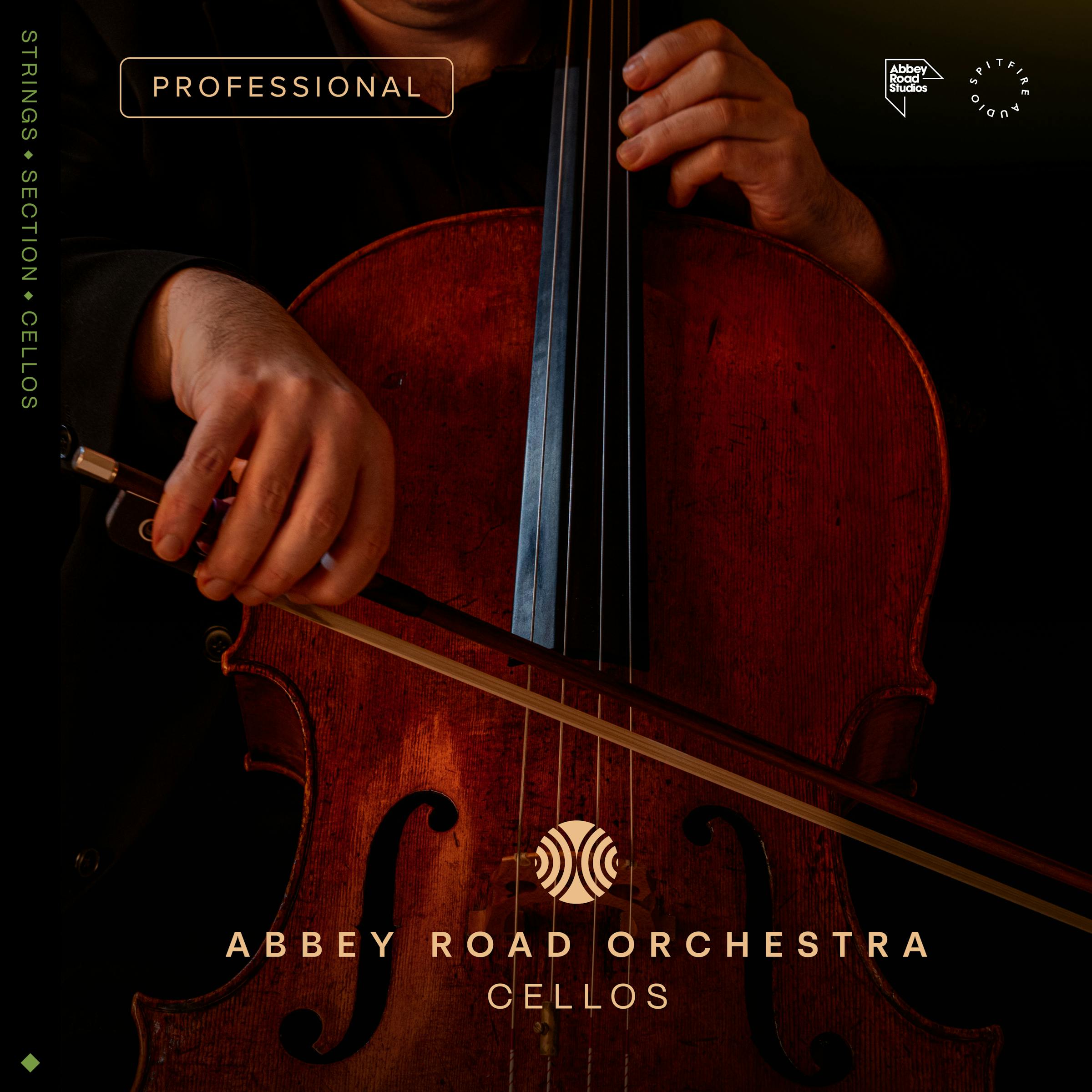 Abbey Road Orchestra: Cellos Professional. Close up of cello with hands bowing over strings.