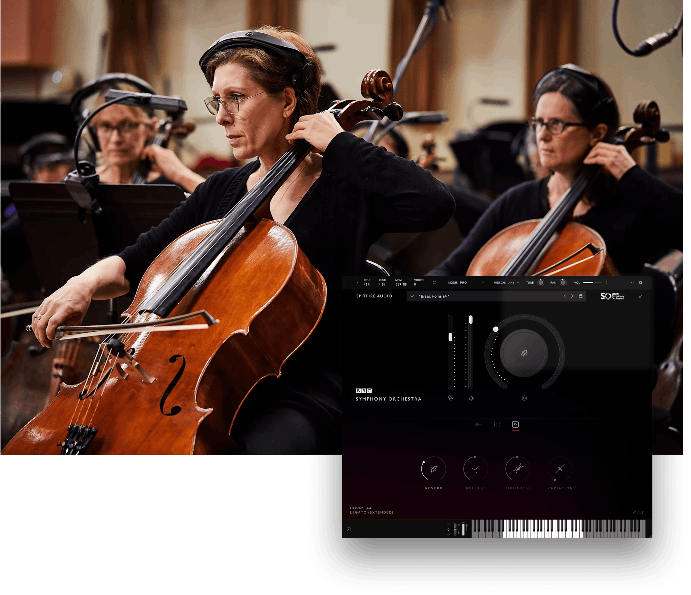 Professional GUI laid over image of Cellists